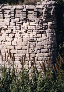 Torrione situato ad Est  del Palazzo  baronale, in prossimità del fossato, e arme degli Acquaviva d'Aragona.