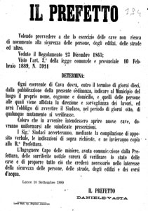 1889, Censimento delle cave esistenti nel territorio comunale. Disposizioni del prefetto Daniele Vasta.