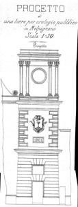 <<Progetto di una torre per orologio pubblico in Melpignano>>, ingegnere Antonio Costantino Dimidri, scala 1:50.